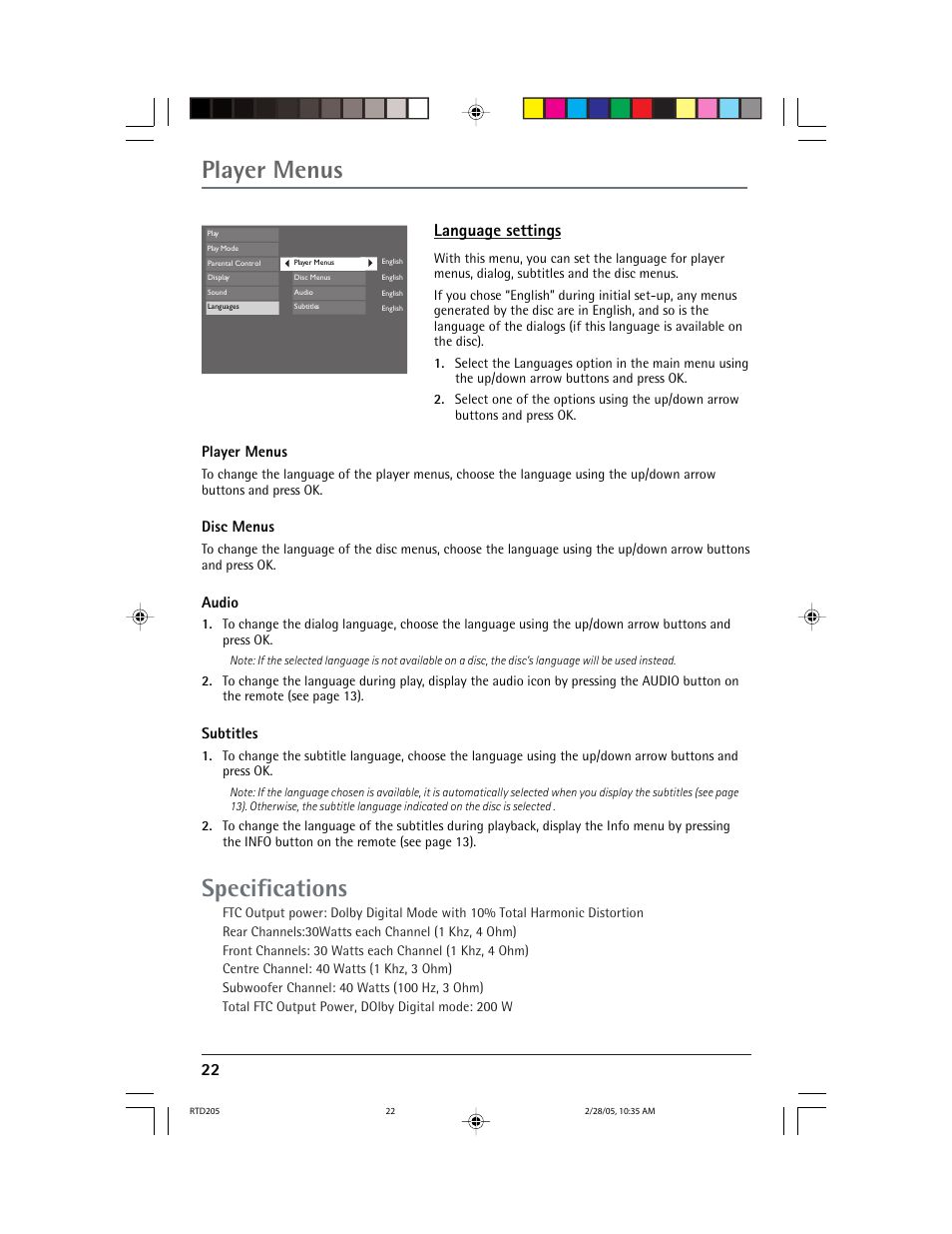 Player menus specifications, 22 language settings | RCA RTD205 User Manual | Page 24 / 30