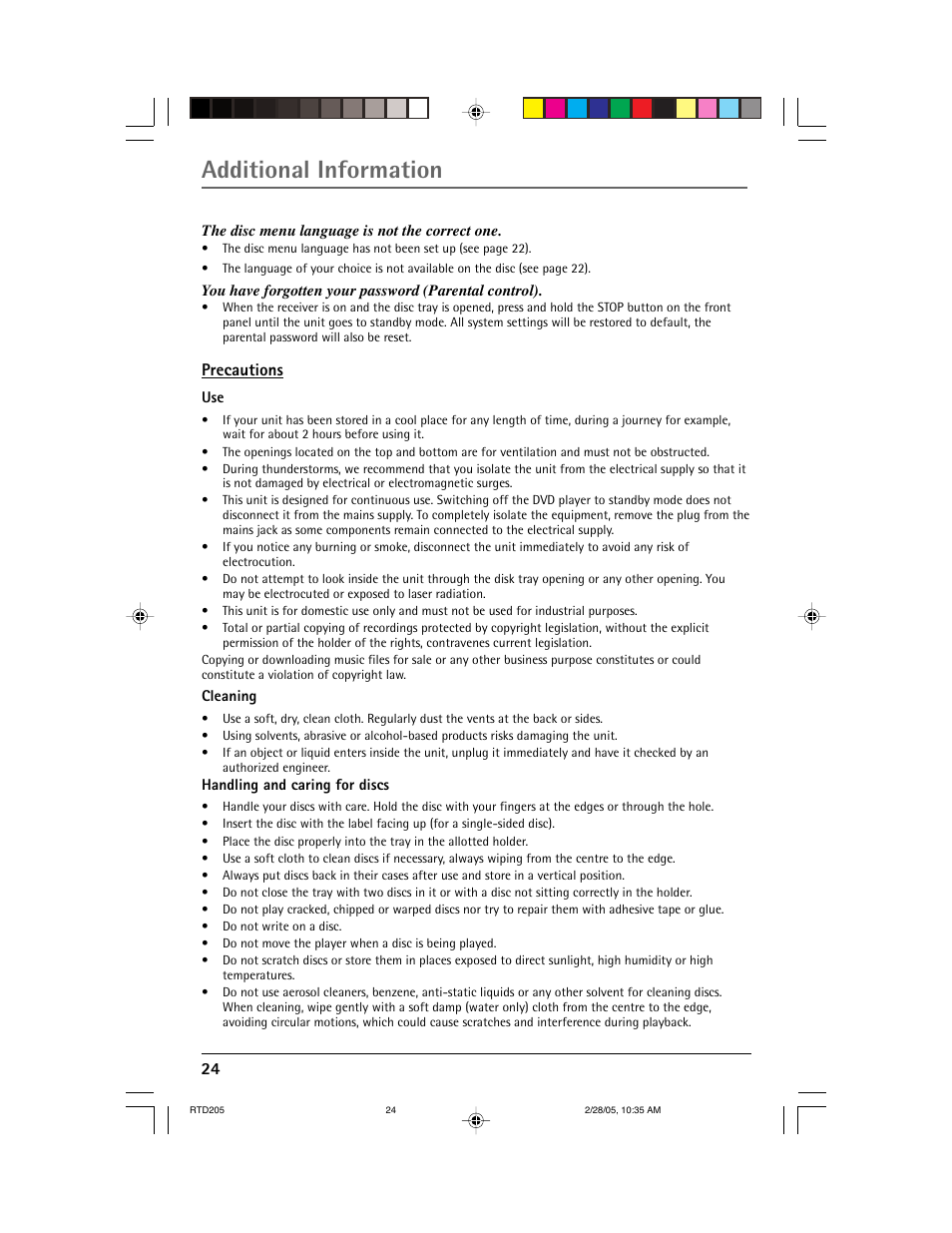 Additional information, Precautions | RCA RTD205 User Manual | Page 26 / 30