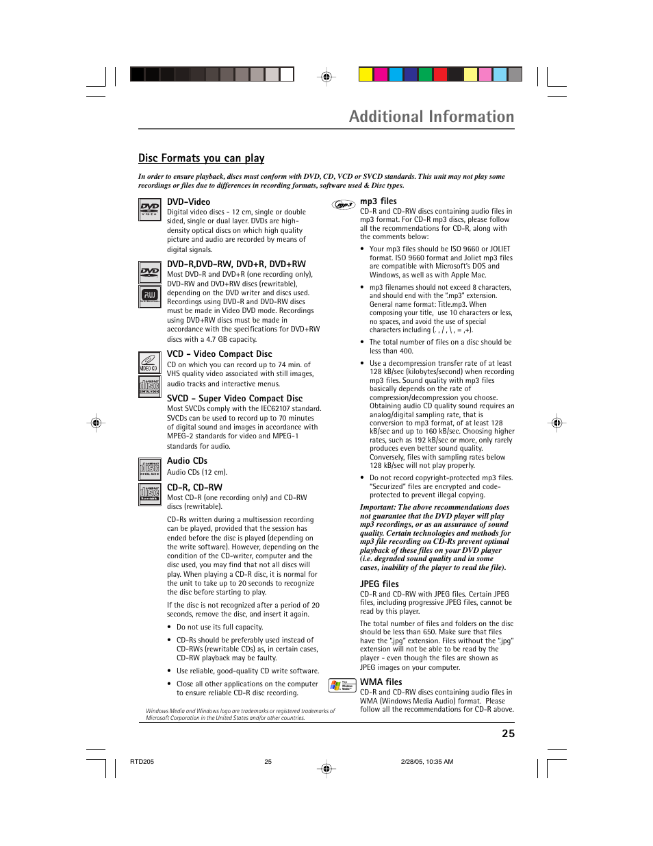 Additional information, 25 disc formats you can play | RCA RTD205 User Manual | Page 27 / 30