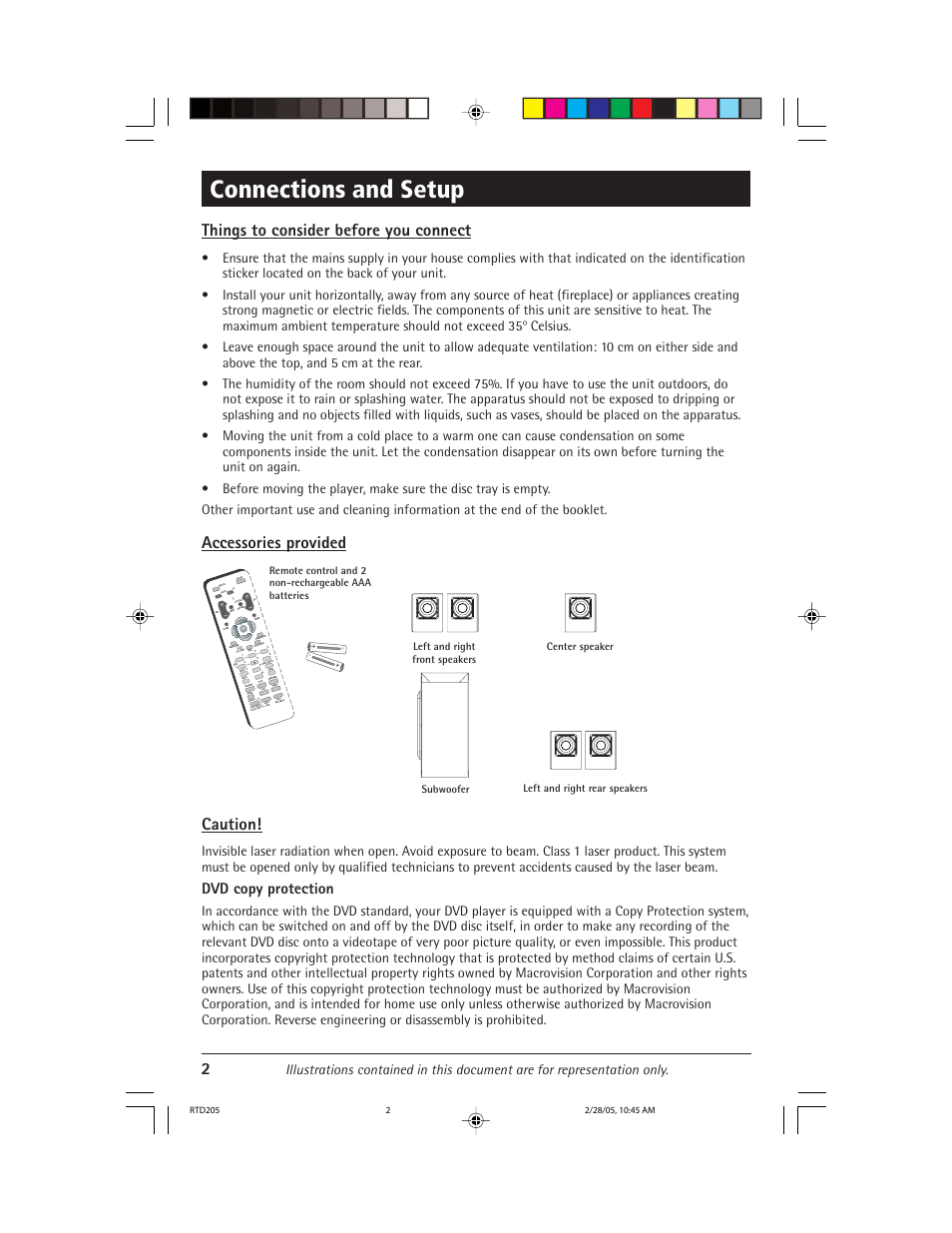 Connections and setup, Things to consider before you connect, Accessories provided | Caution, Dvd copy protection | RCA RTD205 User Manual | Page 4 / 30