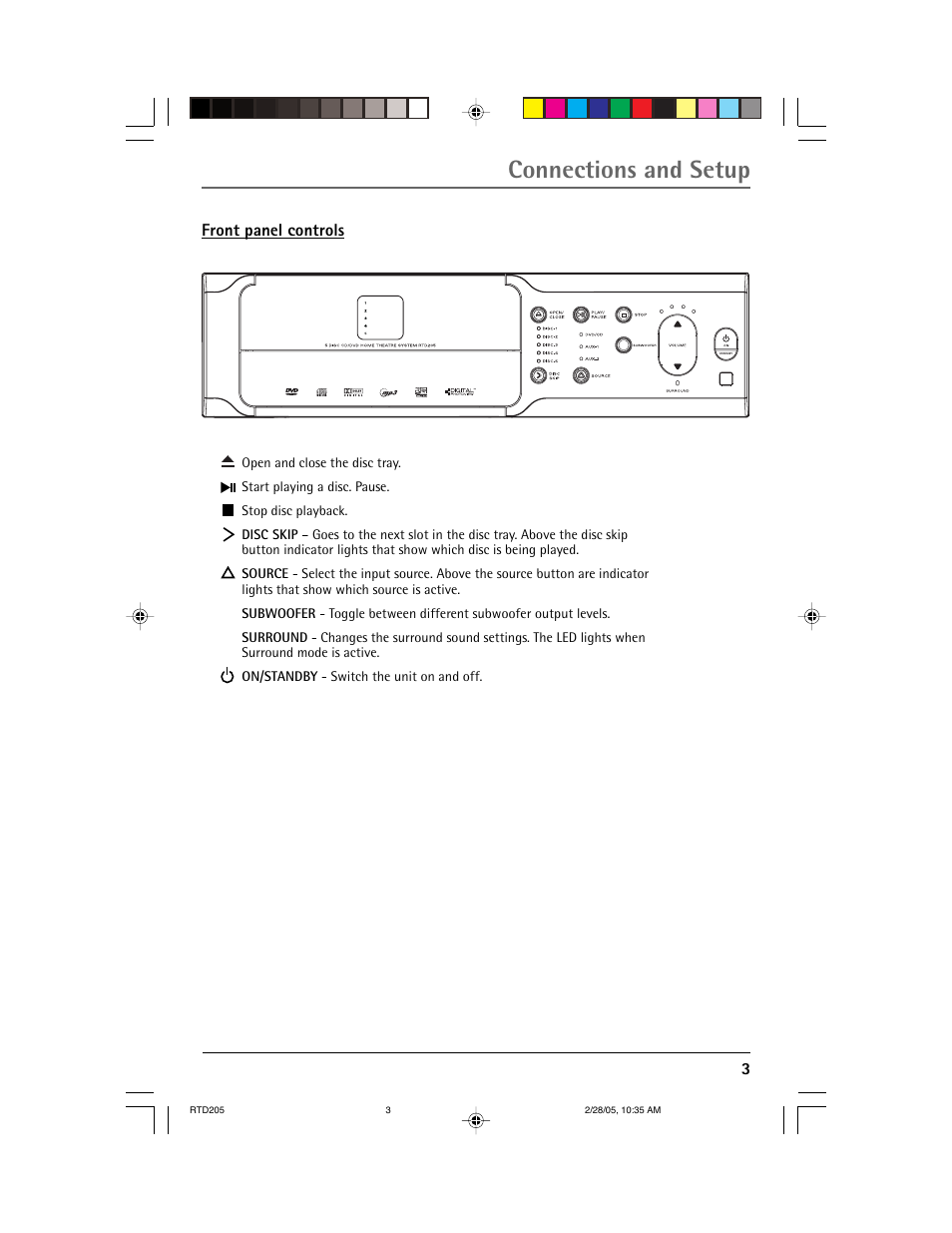 Connections and setup, Front panel illustration to come | RCA RTD205 User Manual | Page 5 / 30