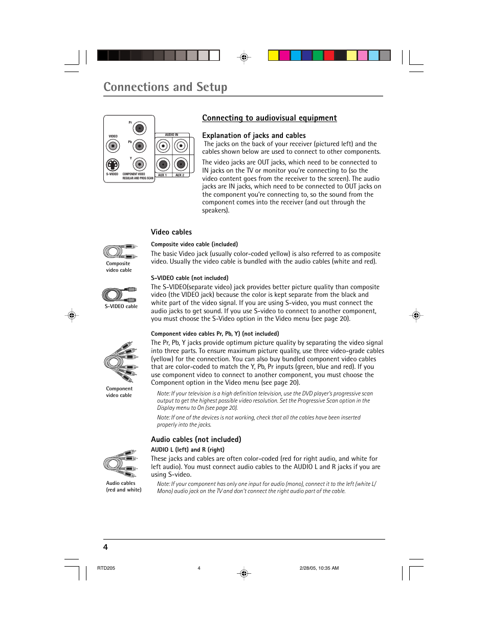 Connections and setup, 4connecting to audiovisual equipment, Explanation of jacks and cables | Video cables, Audio cables (not included) | RCA RTD205 User Manual | Page 6 / 30