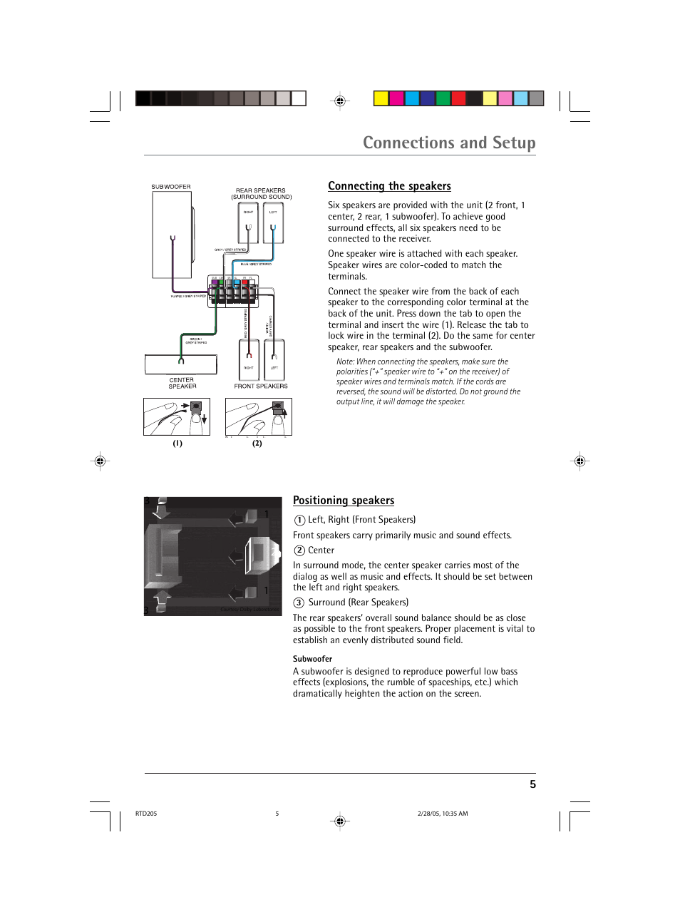 Connections and setup, 5connecting the speakers, Positioning speakers | RCA RTD205 User Manual | Page 7 / 30