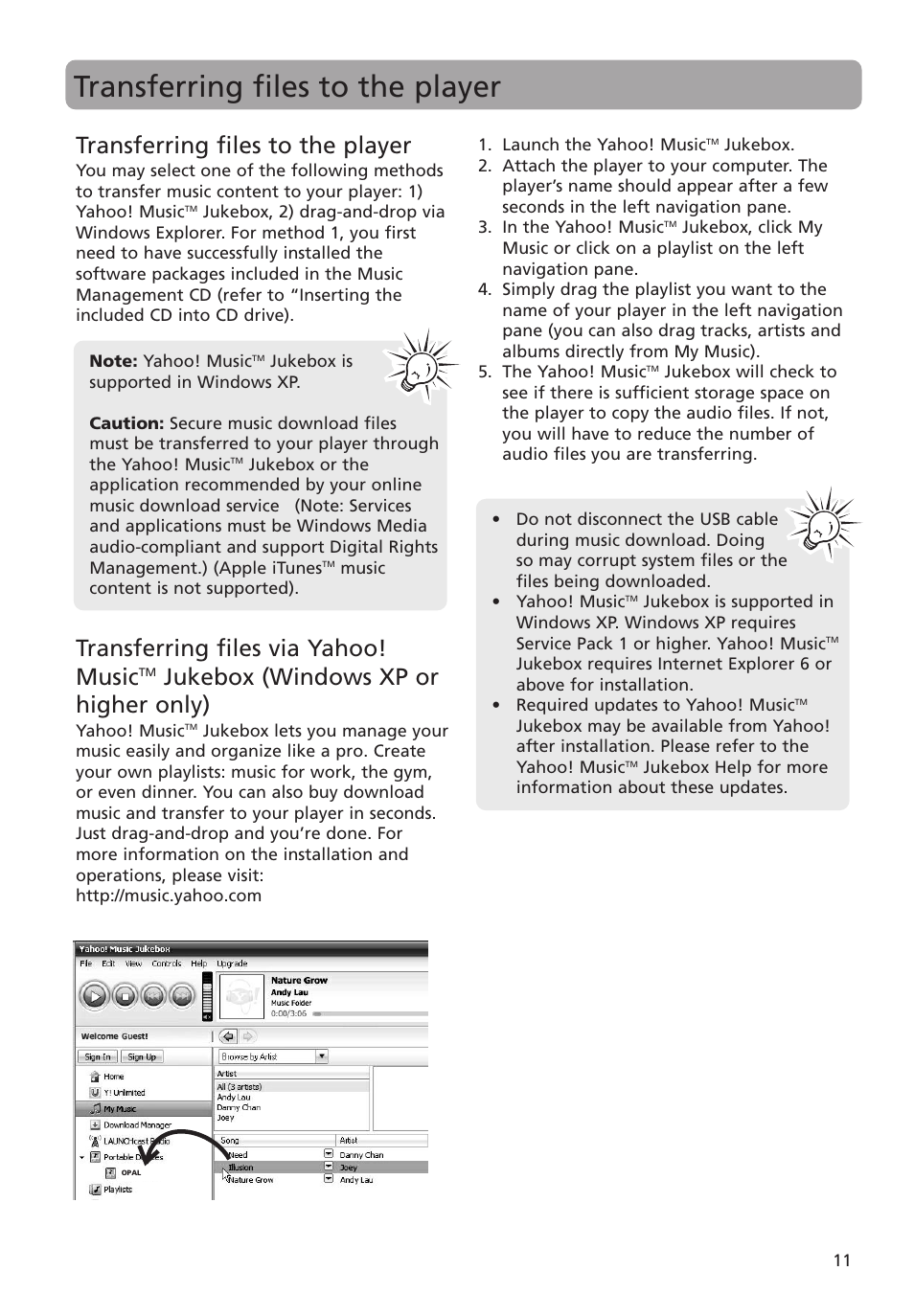 Transferring files to the player, Transferring files via yahoo! music, Jukebox (windows xp or higher only) | RCA MC4004 User Manual | Page 11 / 28