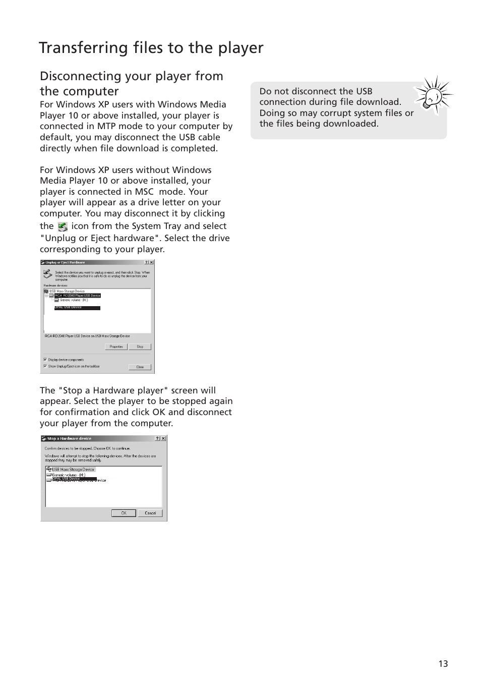 Disconnecting your player from the computer, Transferring files to the player | RCA MC4004 User Manual | Page 13 / 28