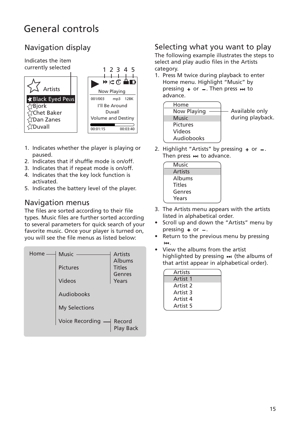 Navigation display, Navigation menus, Selecting what you want to play | General controls | RCA MC4004 User Manual | Page 15 / 28