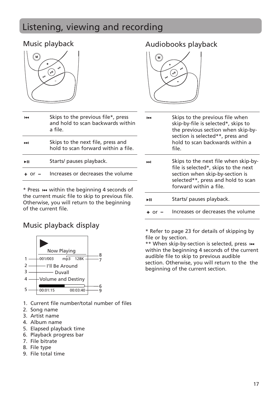 Listening, viewing and recording, Music playback, Music playback display | Audiobooks playback | RCA MC4004 User Manual | Page 17 / 28