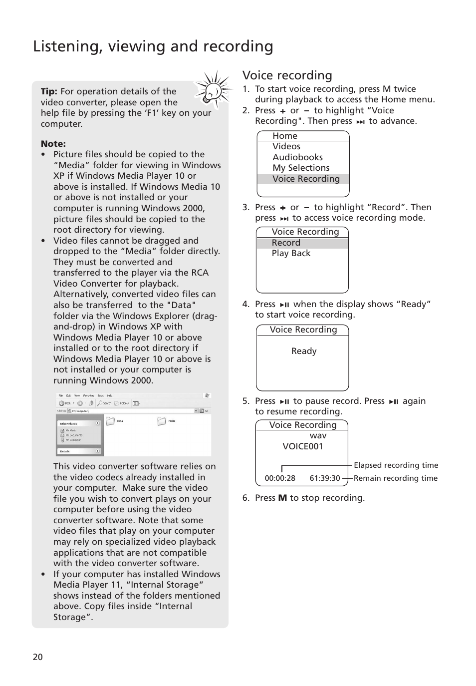 Voice recording, Listening, viewing and recording | RCA MC4004 User Manual | Page 20 / 28