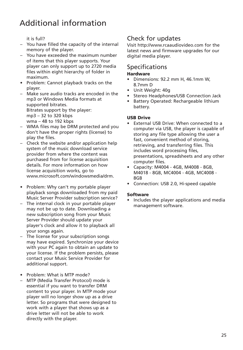 Check for updates, Specifications, Additional information | RCA MC4004 User Manual | Page 25 / 28