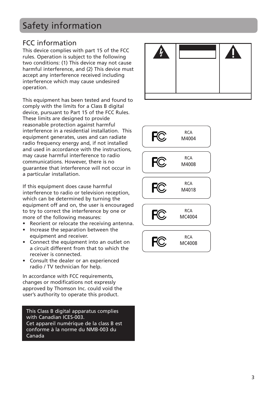 Safety information, Fcc information, Caution | Warning | RCA MC4004 User Manual | Page 3 / 28