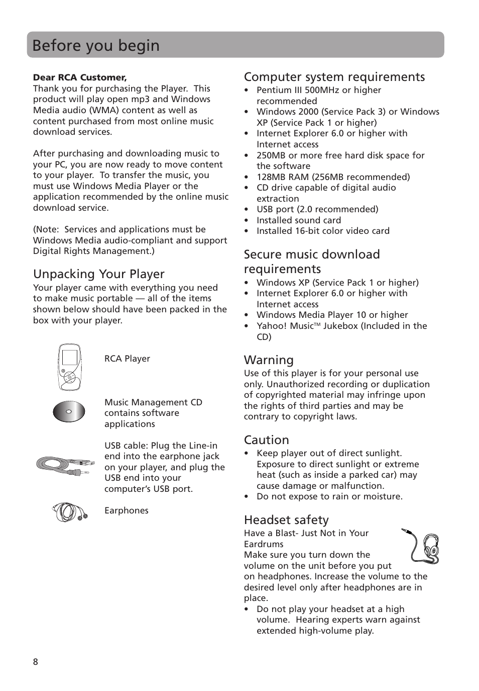 Before you begin, Unpacking your player, Computer system requirements | Secure music download requirements, Warning, Caution, Headset safety | RCA MC4004 User Manual | Page 8 / 28