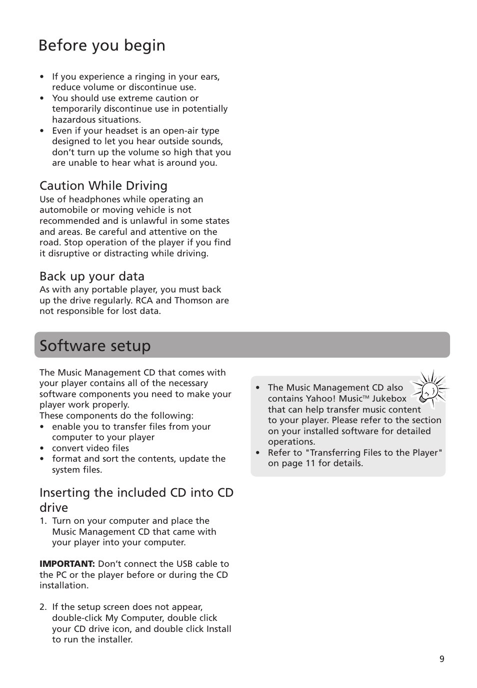 Caution while driving, Back up your data, Software setup | Inserting the included cd into cd drive, Before you begin software setup | RCA MC4004 User Manual | Page 9 / 28