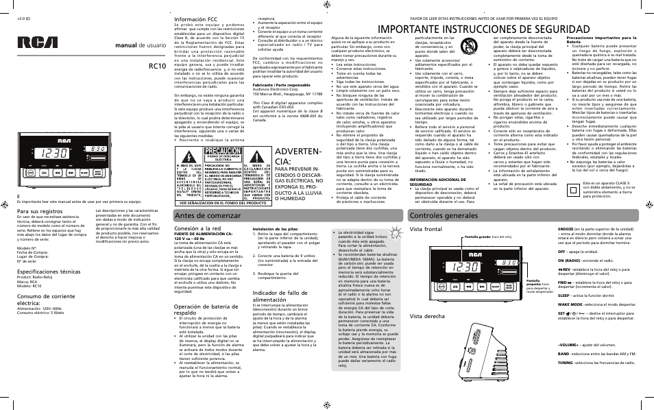 Importante instrucciones de seguridad, Adverten- cia, Rc10 | Antes de comenzar, Controles generales, Manual de usuario, Información fcc, Para sus registros, Especifi caciones técnicas, Consumo de corriente eléctrica | RCA RC10 User Manual | Page 2 / 4