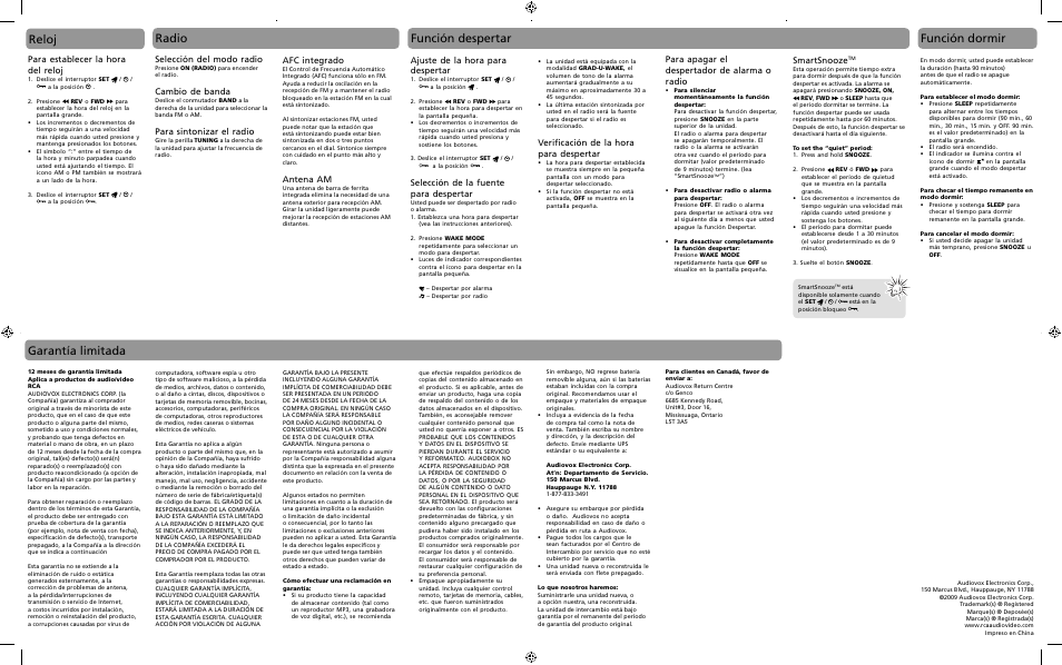 Reloj radio, Función despertar, Garantía limitada | Función dormir, Selección del modo radio, Cambio de banda, Para sintonizar el radio, Afc integrado, Antena am, Para establecer la hora del reloj | RCA RC10 User Manual | Page 3 / 4