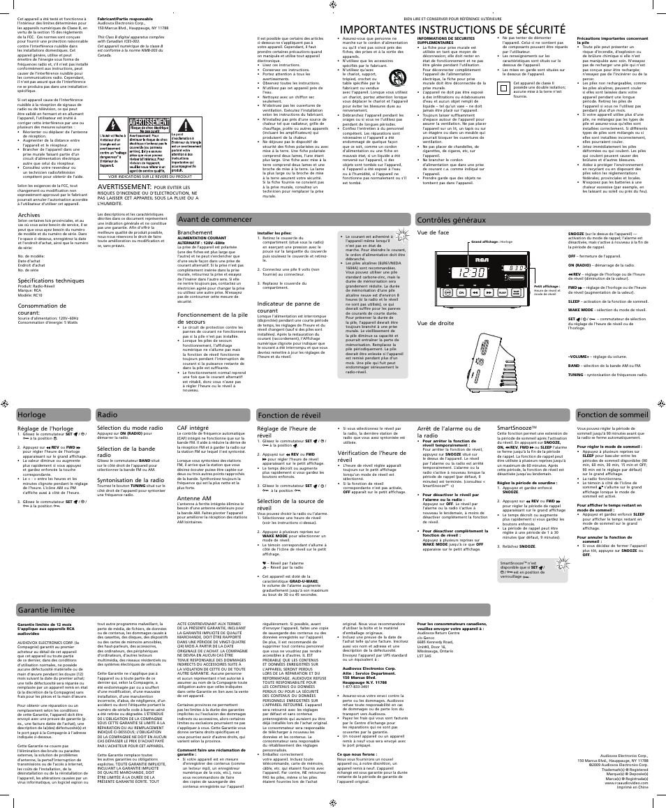 Importantes instructions de sécurité, Avant de commencer horloge, Contrôles généraux | Radio, Fonction de réveil, Fonction de sommeil, Garantie limitée, Avertissement, Sélection du mode radio, Sélection de la bande radio | RCA RC10 User Manual | Page 4 / 4