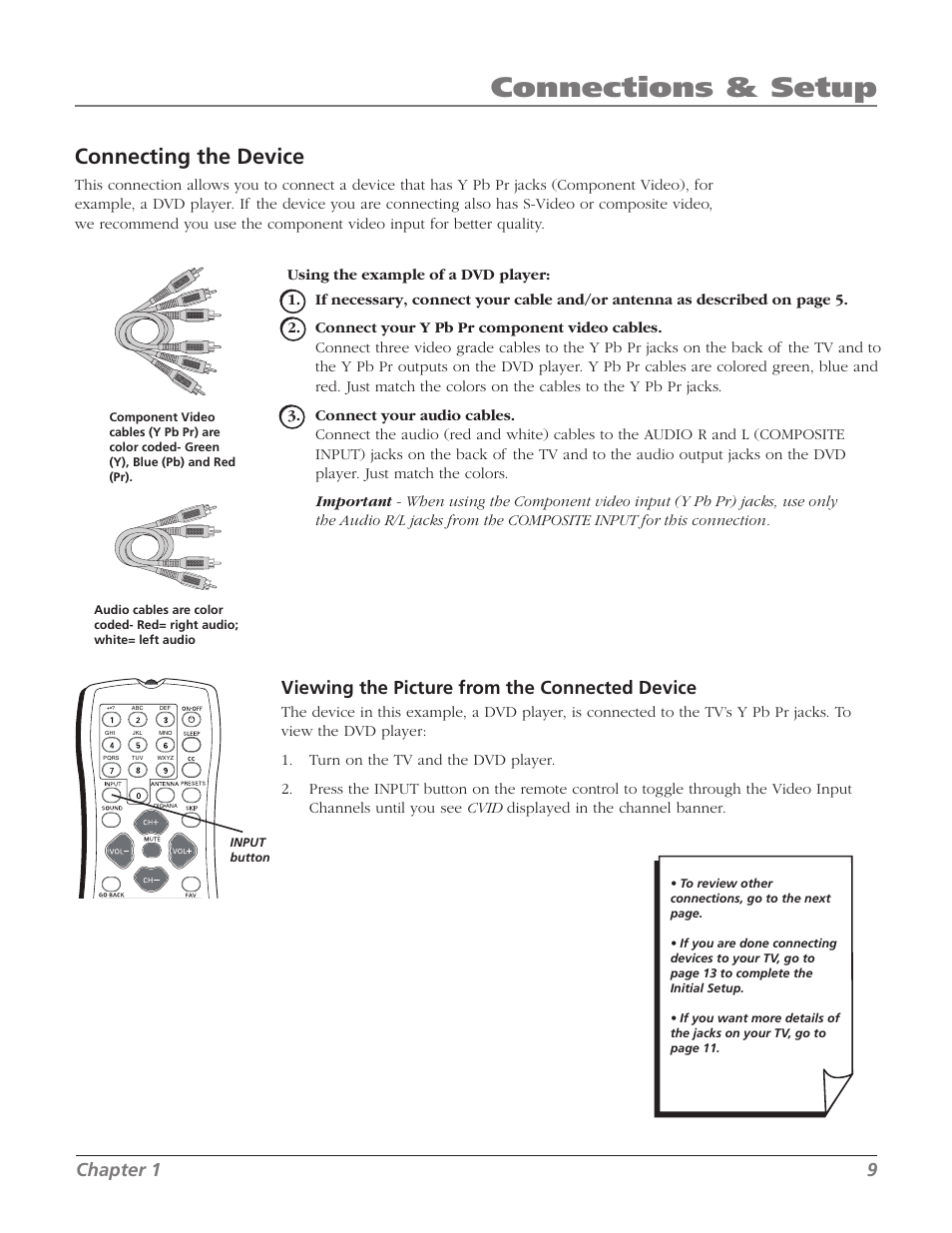 Connections & setup, Connecting the device, Viewing the picture from the connected device | Chapter 1 | RCA 20F524T User Manual | Page 11 / 40