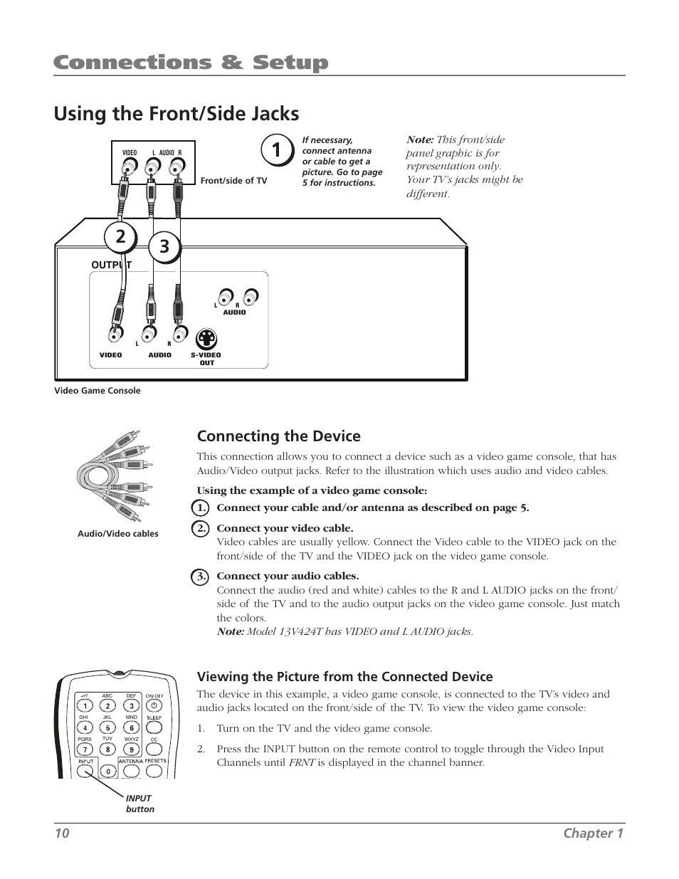 Using the front/side jacks, Connections & setup, Connecting the device | Viewing the picture from the connected device, 10 chapter 1 | RCA 20F524T User Manual | Page 12 / 40