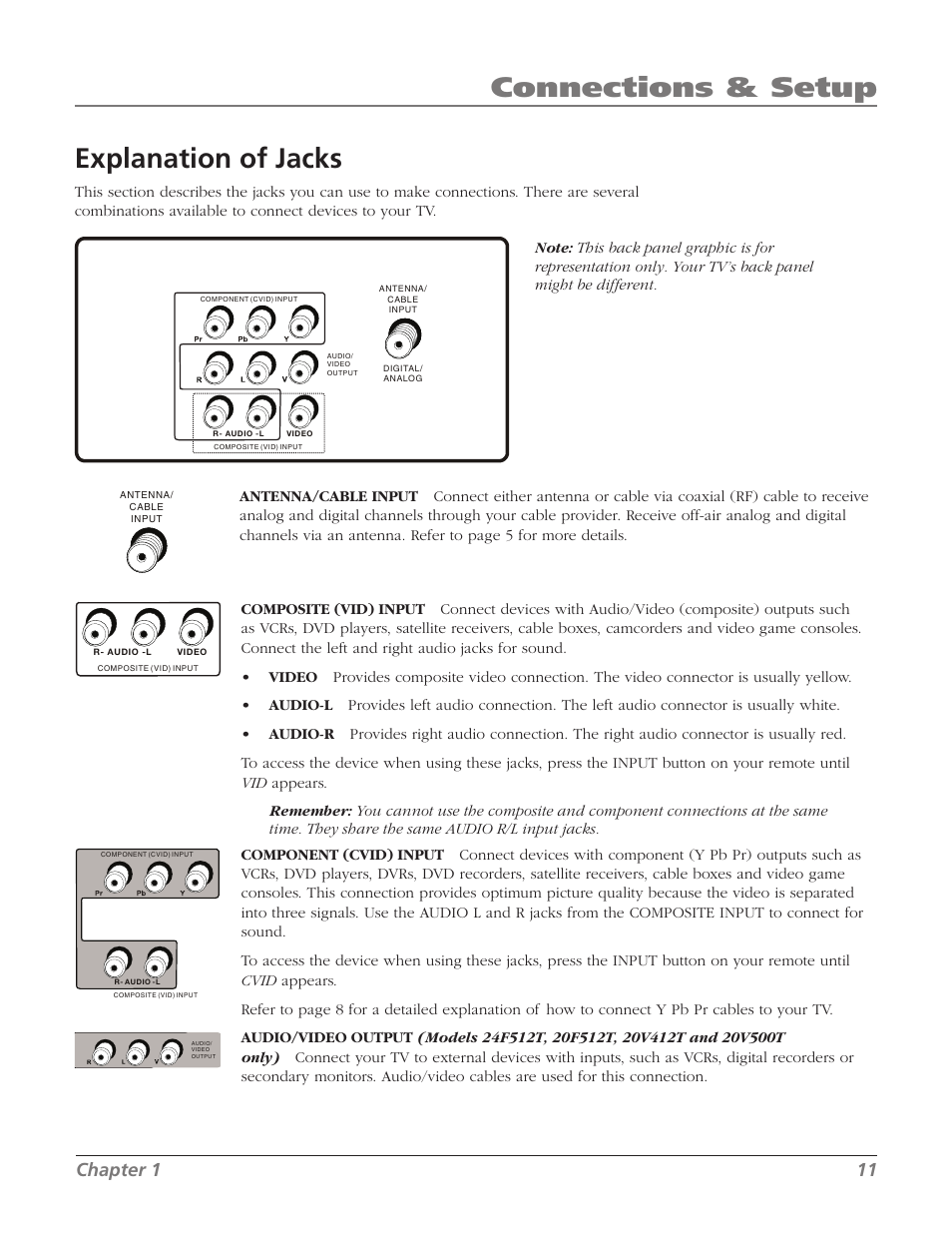 Explanation of jacks, Connections & setup, Chapter 1 11 | RCA 20F524T User Manual | Page 13 / 40
