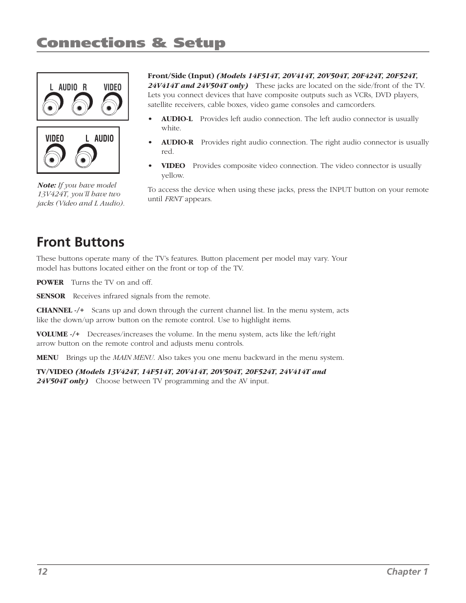 Front buttons, Connections & setup | RCA 20F524T User Manual | Page 14 / 40