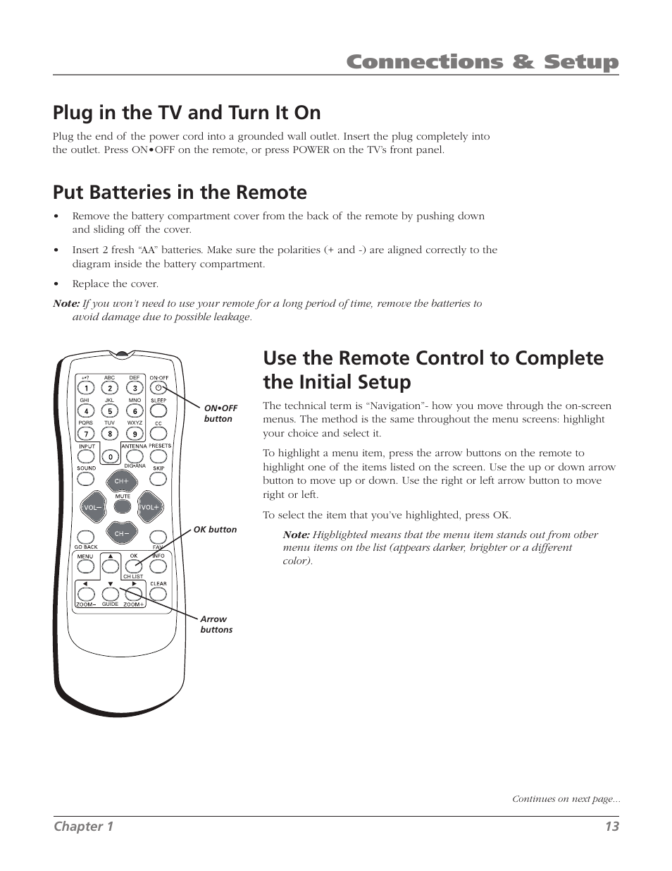 Plug in the tv and turn it on, Put batteries in the remote, Connections & setup | Chapter 1 1 | RCA 20F524T User Manual | Page 15 / 40