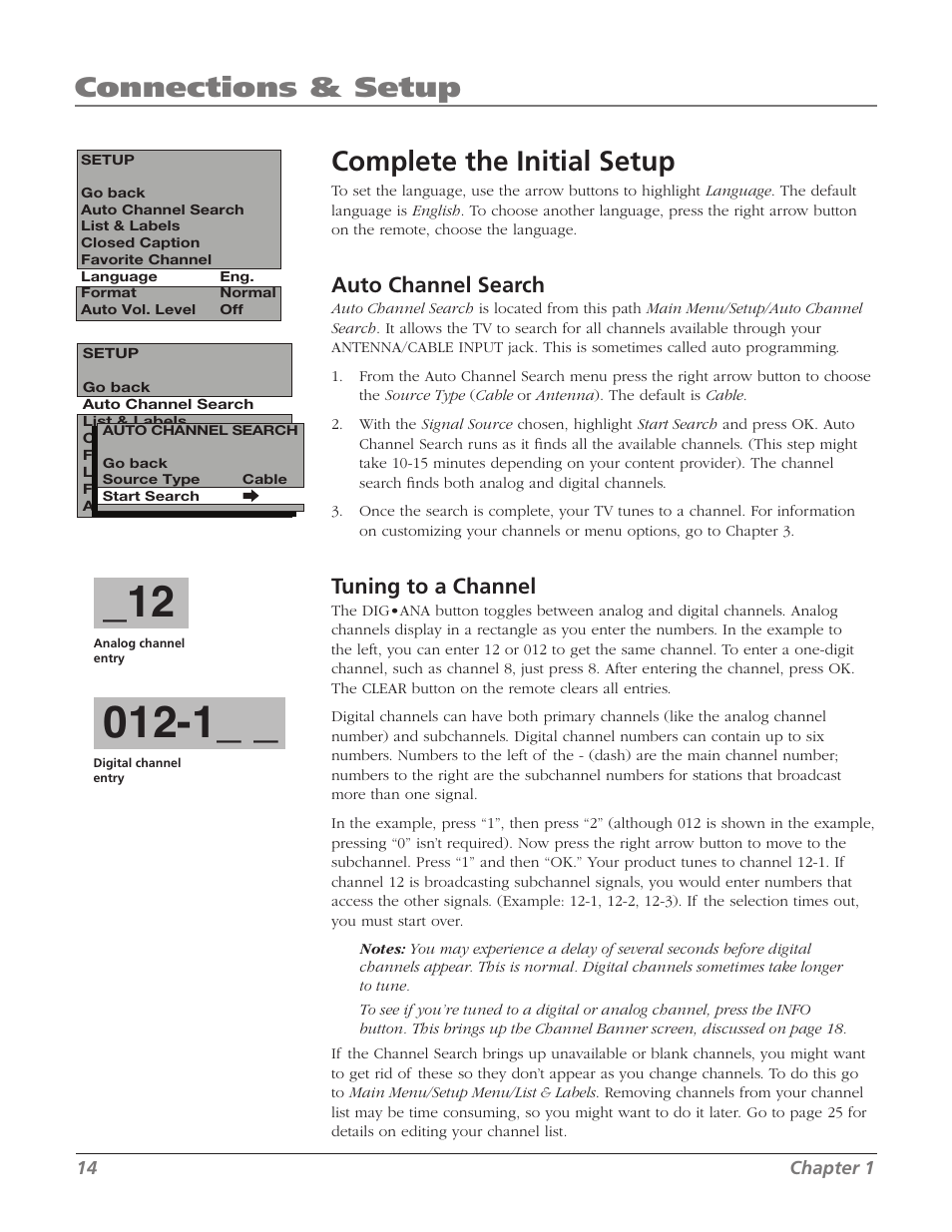 Complete the initial setup, Connections & setup, Auto channel search | Tuning to a channel | RCA 20F524T User Manual | Page 16 / 40