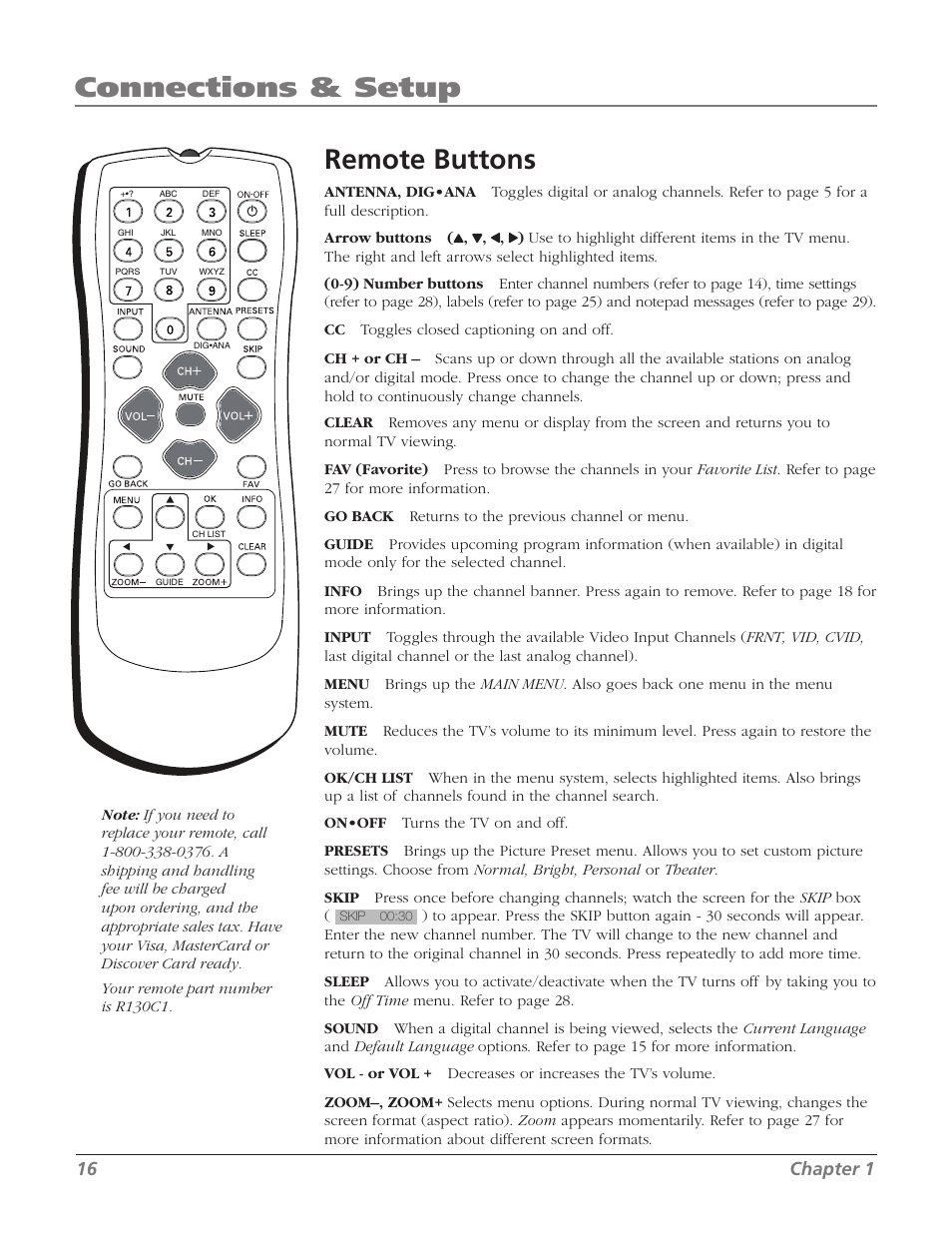Connections & setup, Remote buttons | RCA 20F524T User Manual | Page 18 / 40