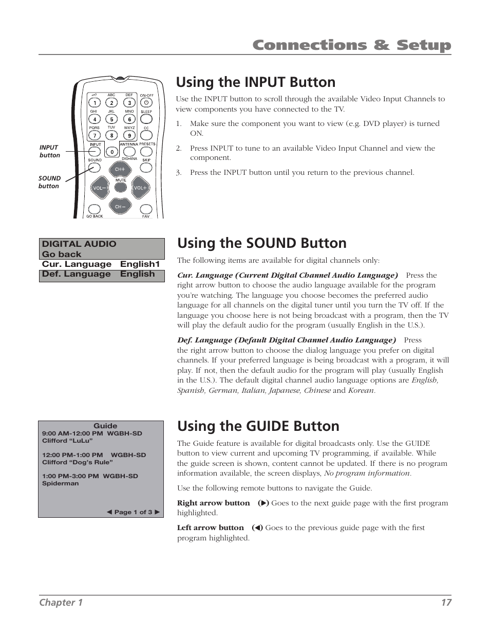 Using the input button, Using the sound button, Using the guide button | Connections & setup, Chapter 1 1 | RCA 20F524T User Manual | Page 19 / 40