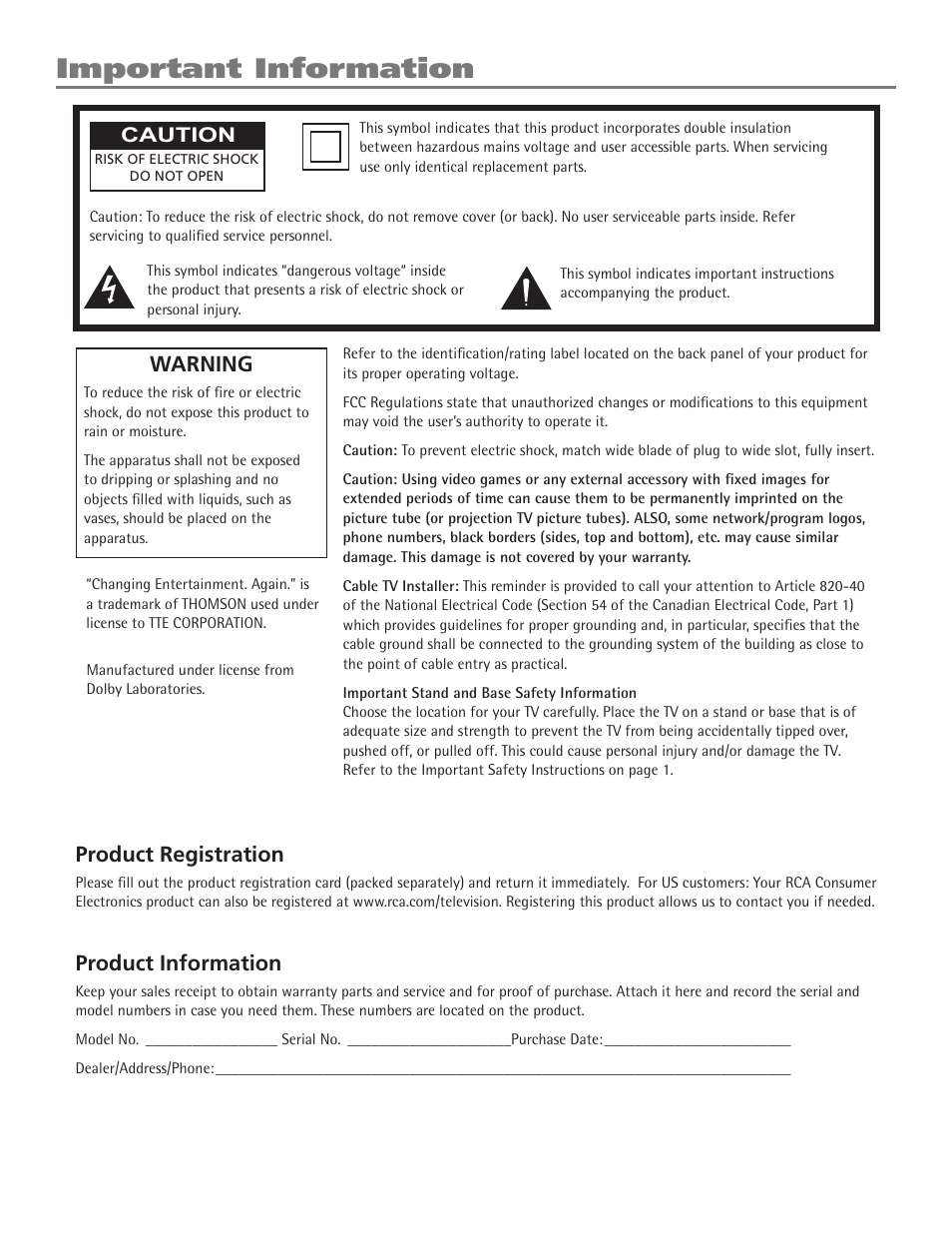 Important information, Product registration, Product information | Warning, Caution | RCA 20F524T User Manual | Page 2 / 40