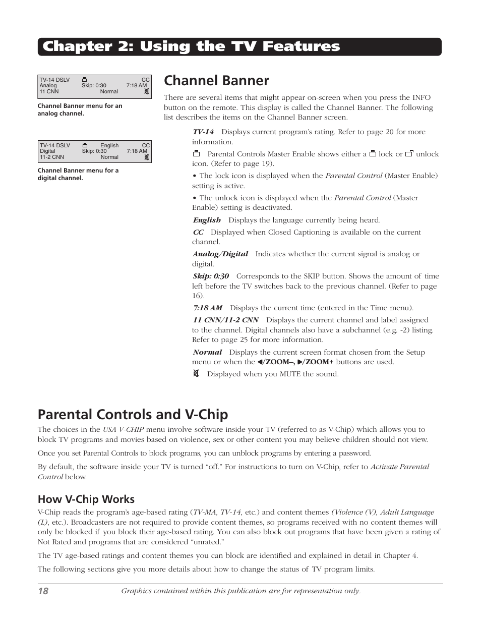 Channel banner, Parental controls and v-chip, Chapter 2: using the tv features | How v-chip works | RCA 20F524T User Manual | Page 20 / 40