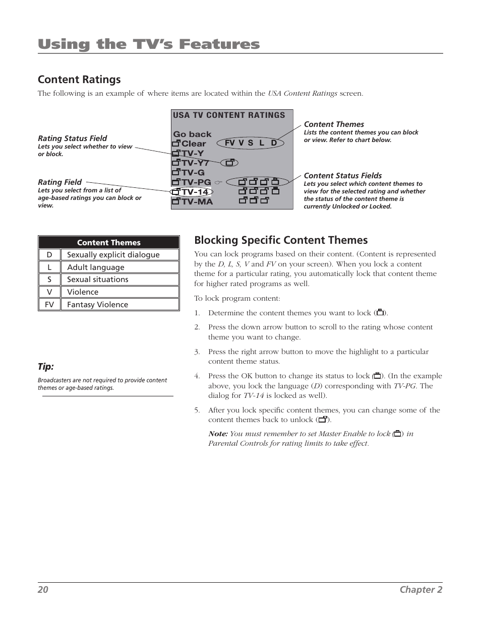 Using the tv’s features, Content ratings, Blocking specific content themes | RCA 20F524T User Manual | Page 22 / 40