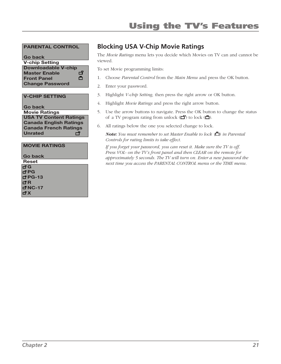 Using the tv’s features, Blocking usa v-chip movie ratings | RCA 20F524T User Manual | Page 23 / 40