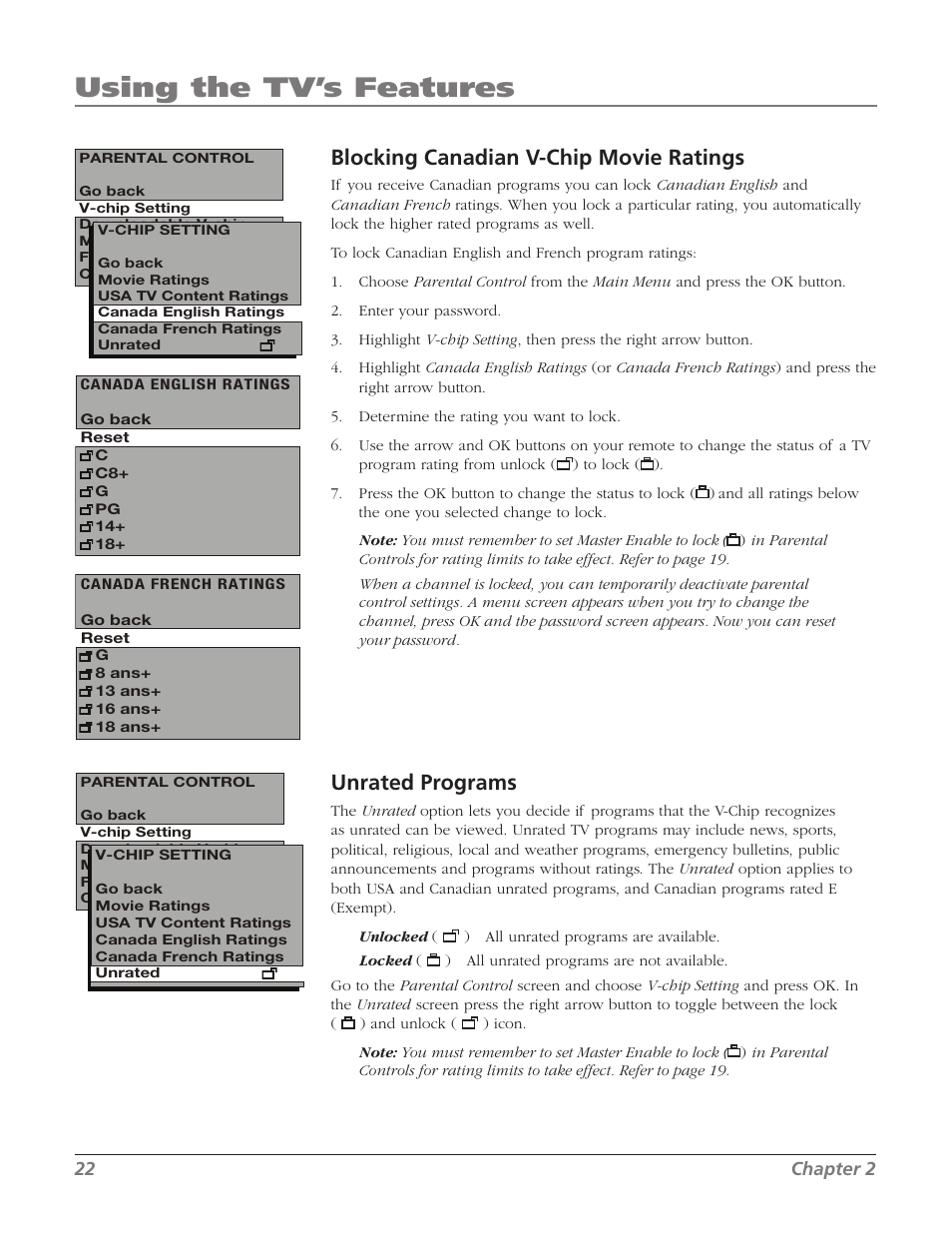 Using the tv’s features, Blocking canadian v-chip movie ratings, Unrated programs | RCA 20F524T User Manual | Page 24 / 40