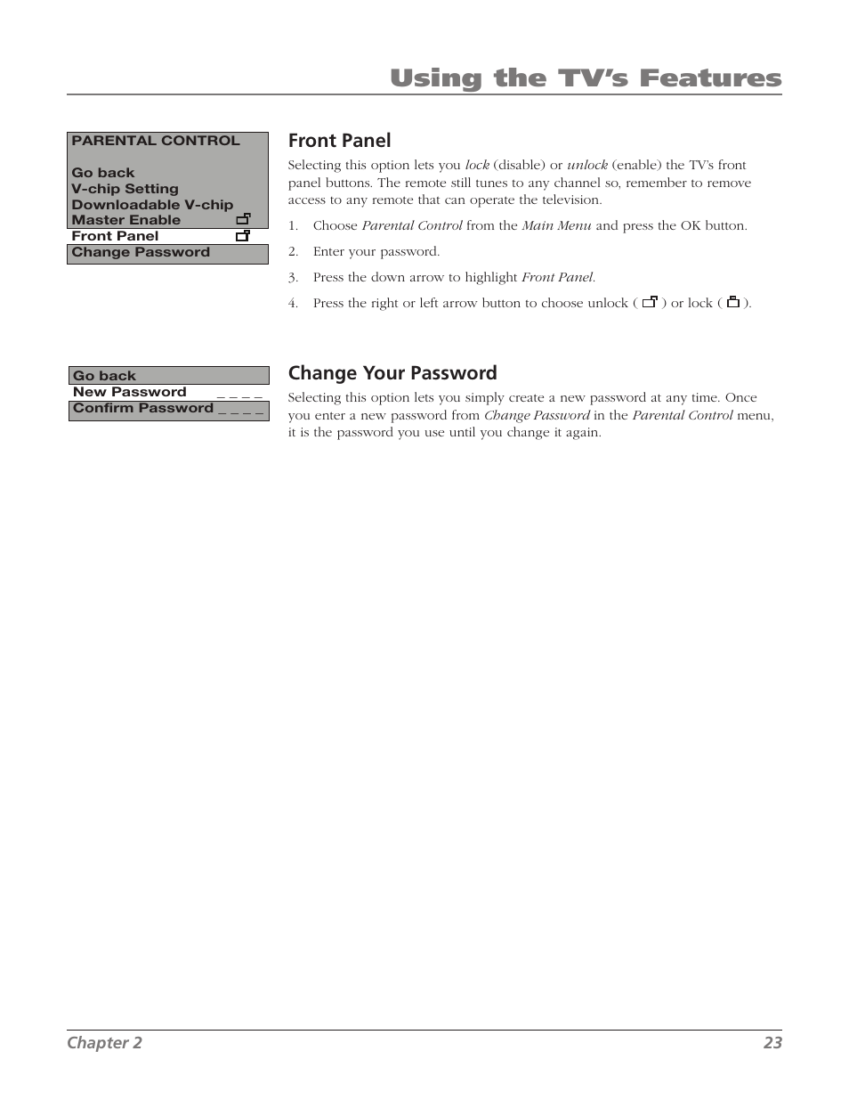 Using the tv’s features, Front panel, Change your password | RCA 20F524T User Manual | Page 25 / 40