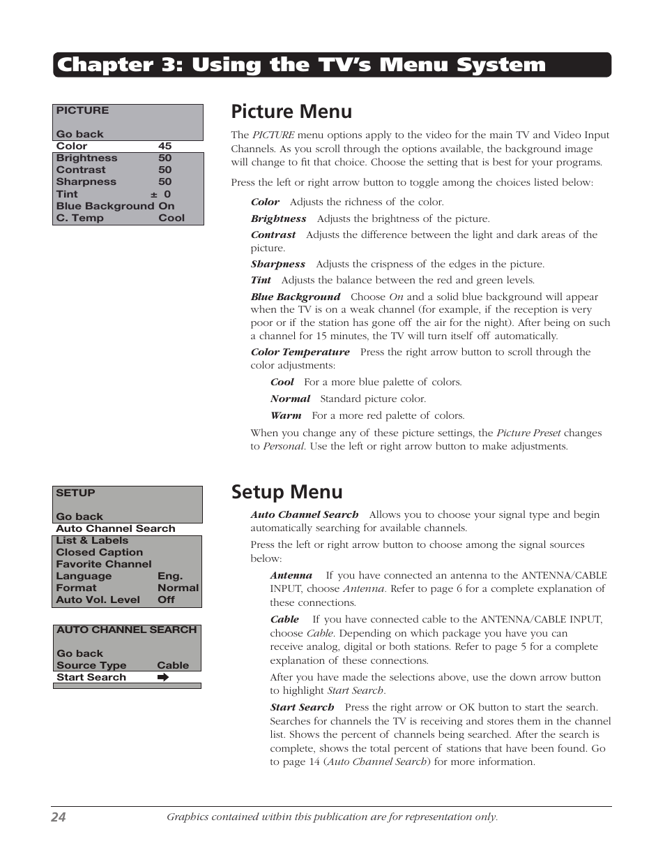 Picture menu, Setup menu, Chapter 3: using the tv’s menu system | RCA 20F524T User Manual | Page 26 / 40