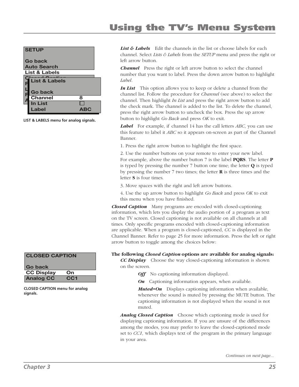 Using the tv’s menu system | RCA 20F524T User Manual | Page 27 / 40