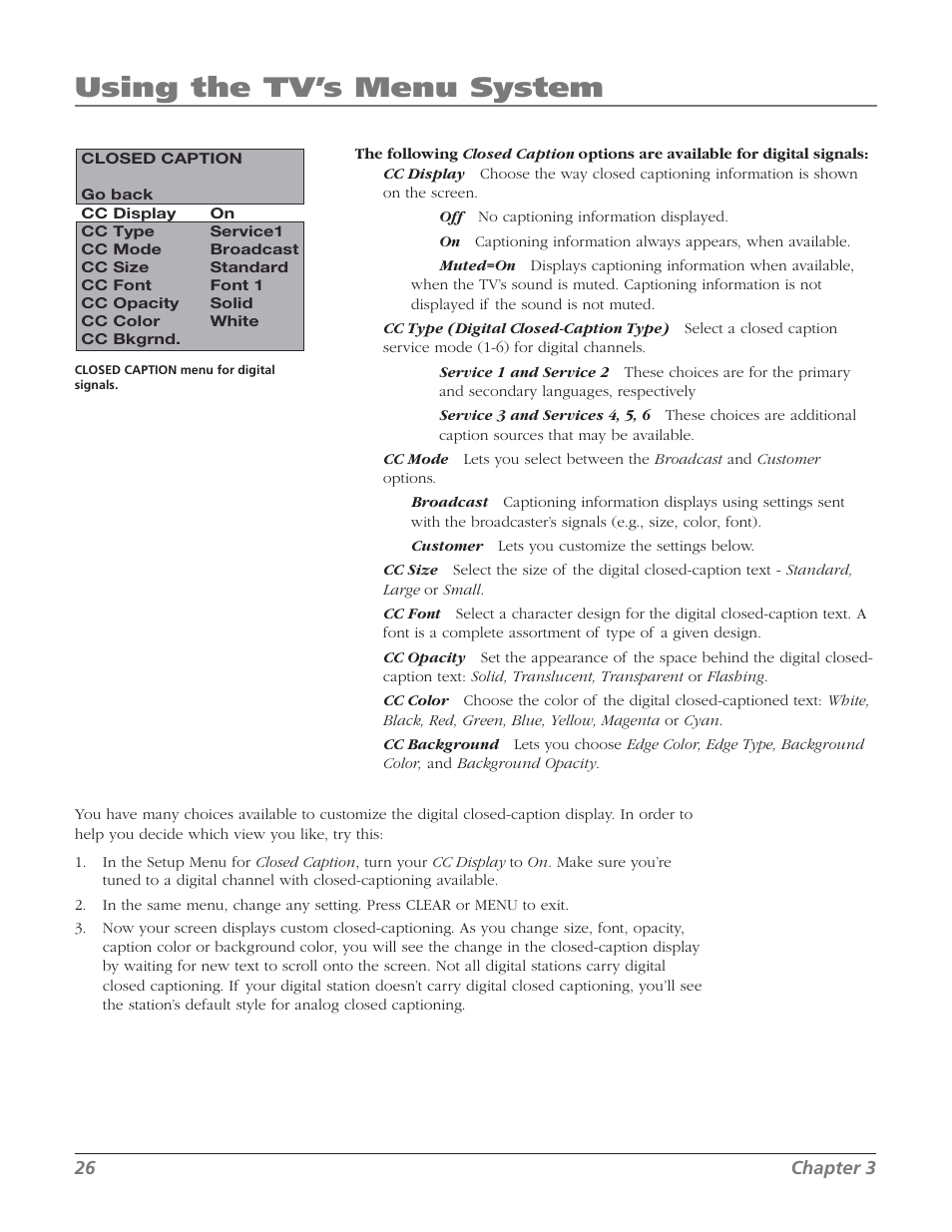 Using the tv’s menu system | RCA 20F524T User Manual | Page 28 / 40