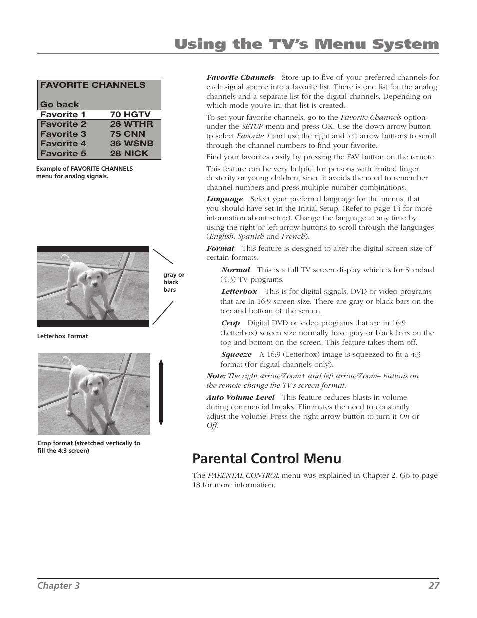 Parental control menu, Using the tv’s menu system | RCA 20F524T User Manual | Page 29 / 40