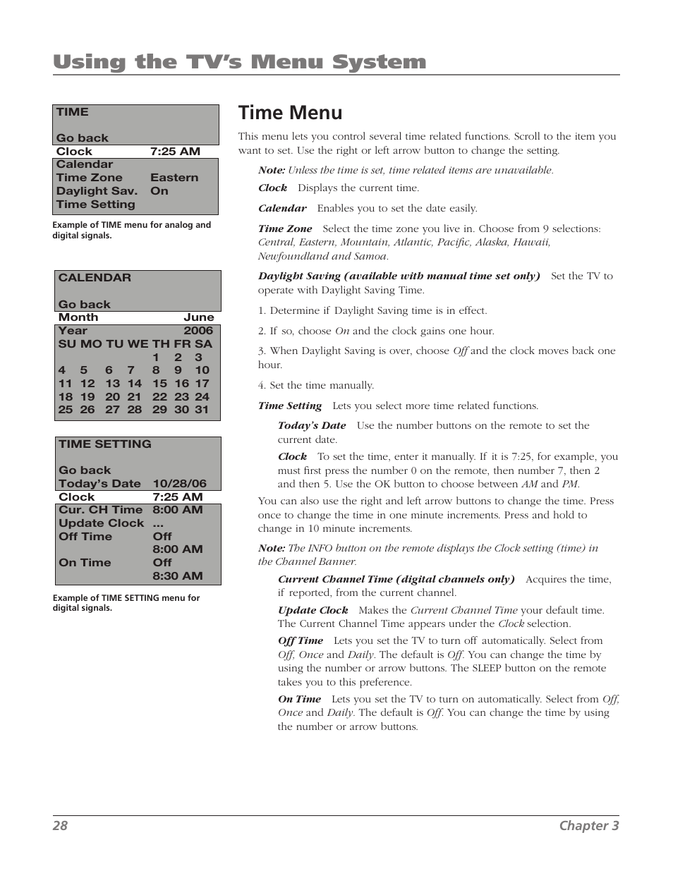 Time menu, Using the tv’s menu system | RCA 20F524T User Manual | Page 30 / 40