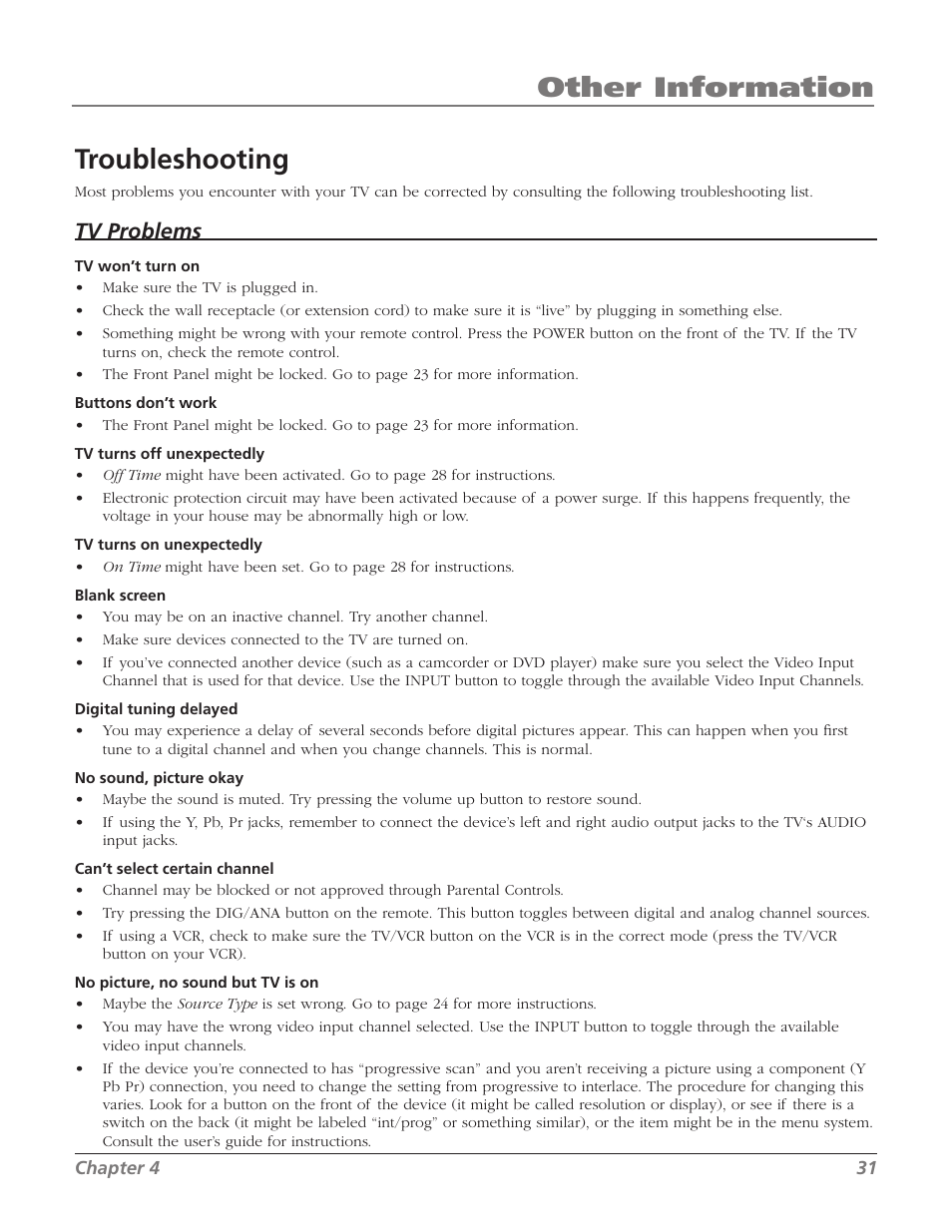 Other information troubleshooting, Tv problems | RCA 20F524T User Manual | Page 33 / 40