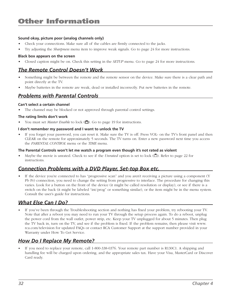 Other information, The remote control doesn’t work, Problems with parental controls | What else can i do, How do i replace my remote | RCA 20F524T User Manual | Page 34 / 40