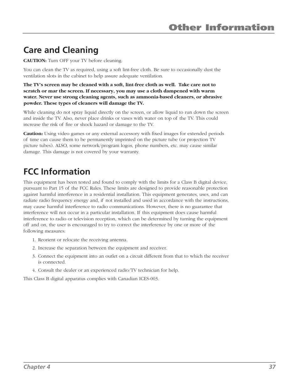 Other information fcc information, Care and cleaning | RCA 20F524T User Manual | Page 39 / 40