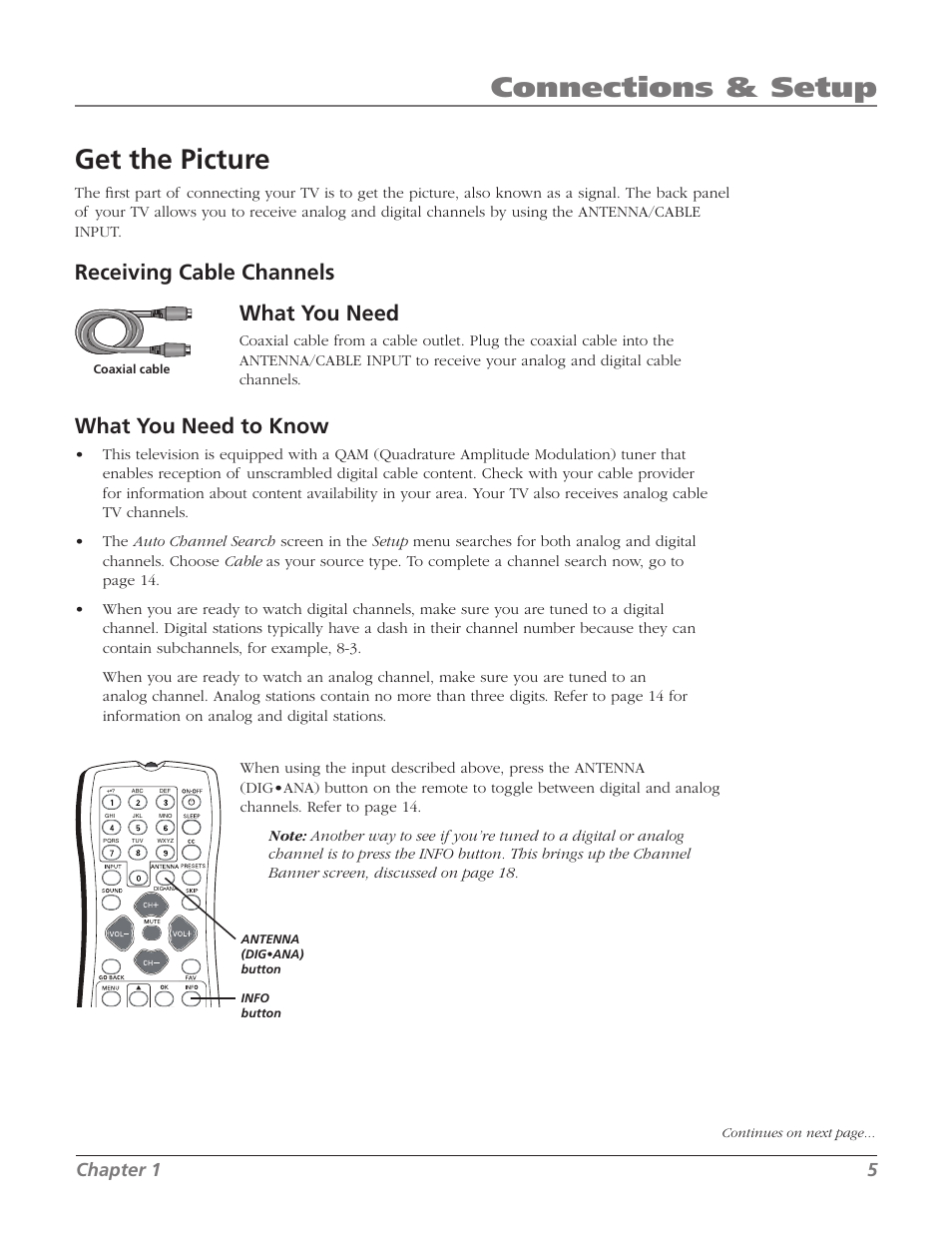 Get the picture, Connections & setup, What you need to know | Receiving cable channels, What you need, Chapter 1 | RCA 20F524T User Manual | Page 7 / 40