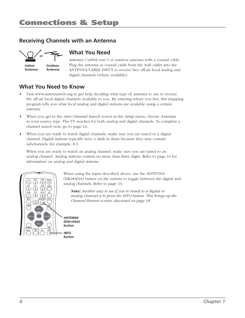 Connections & setup, What you need to know, Receiving channels with an antenna | What you need, Chapter 1 | RCA 20F524T User Manual | Page 8 / 40
