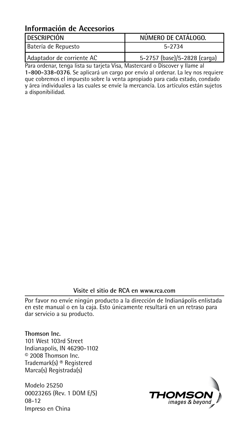 Información de accesorios | RCA 25250 User Manual | Page 100 / 100