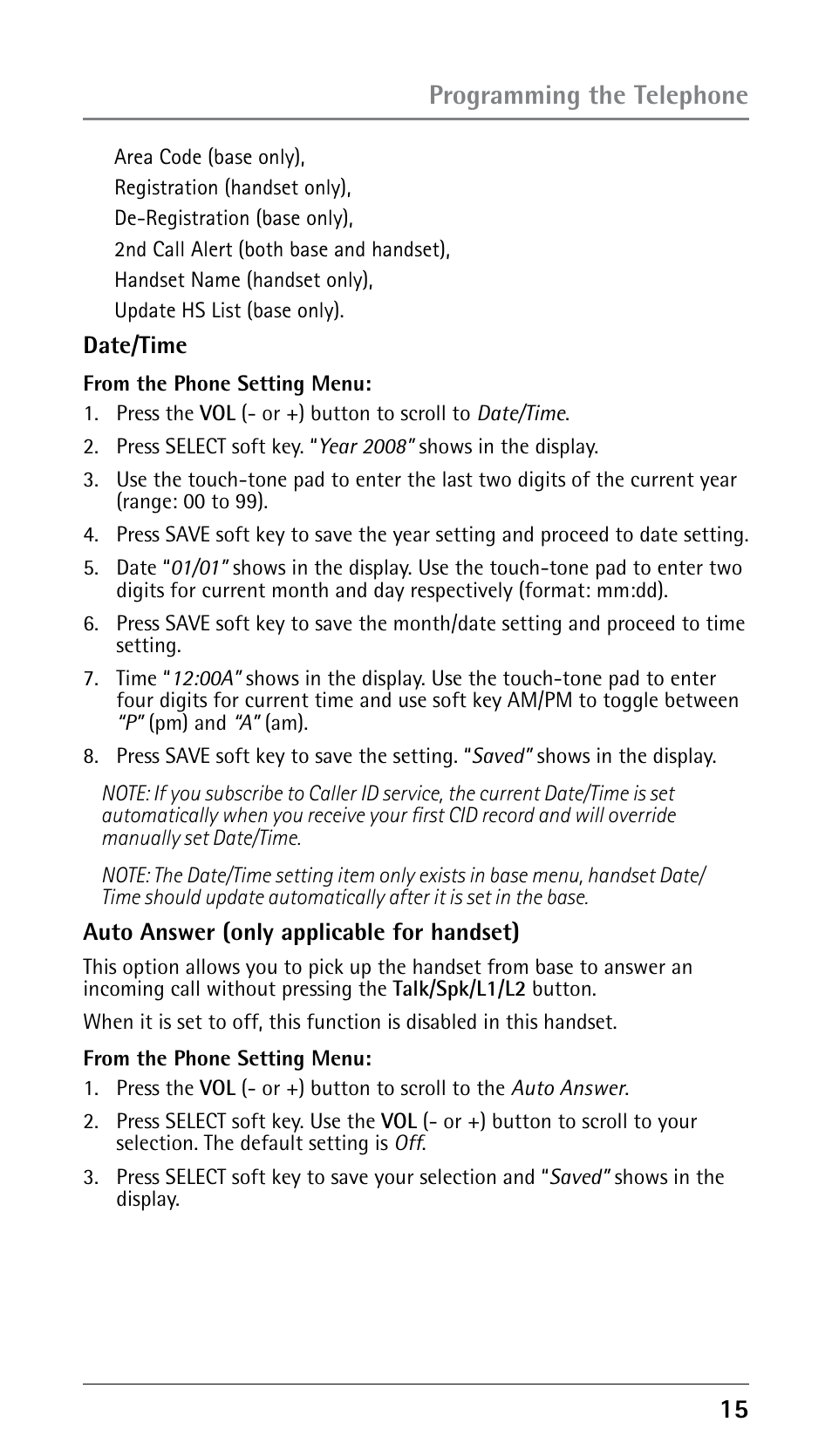 Programming the telephone | RCA 25250 User Manual | Page 15 / 100