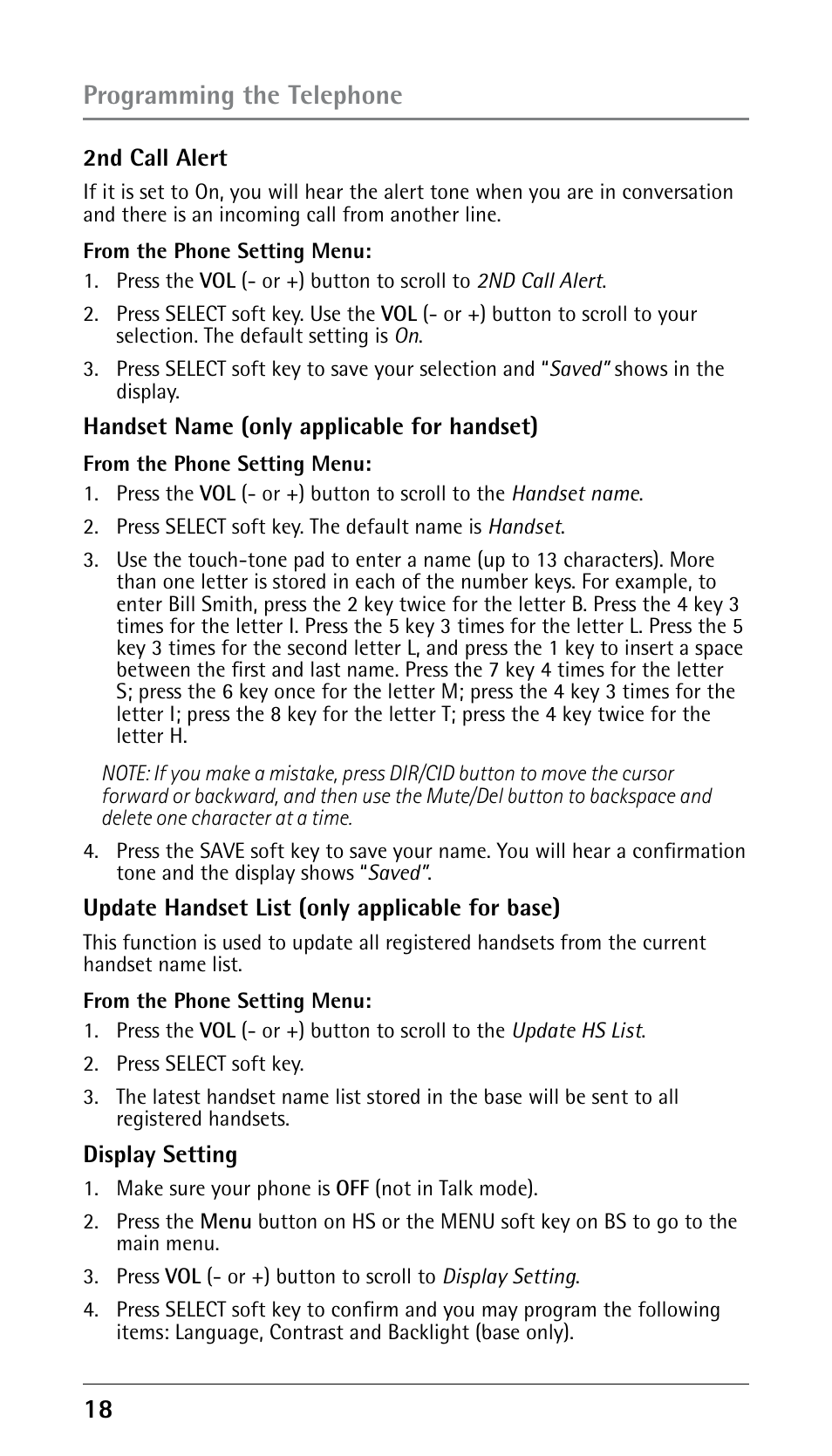 Programming the telephone | RCA 25250 User Manual | Page 18 / 100