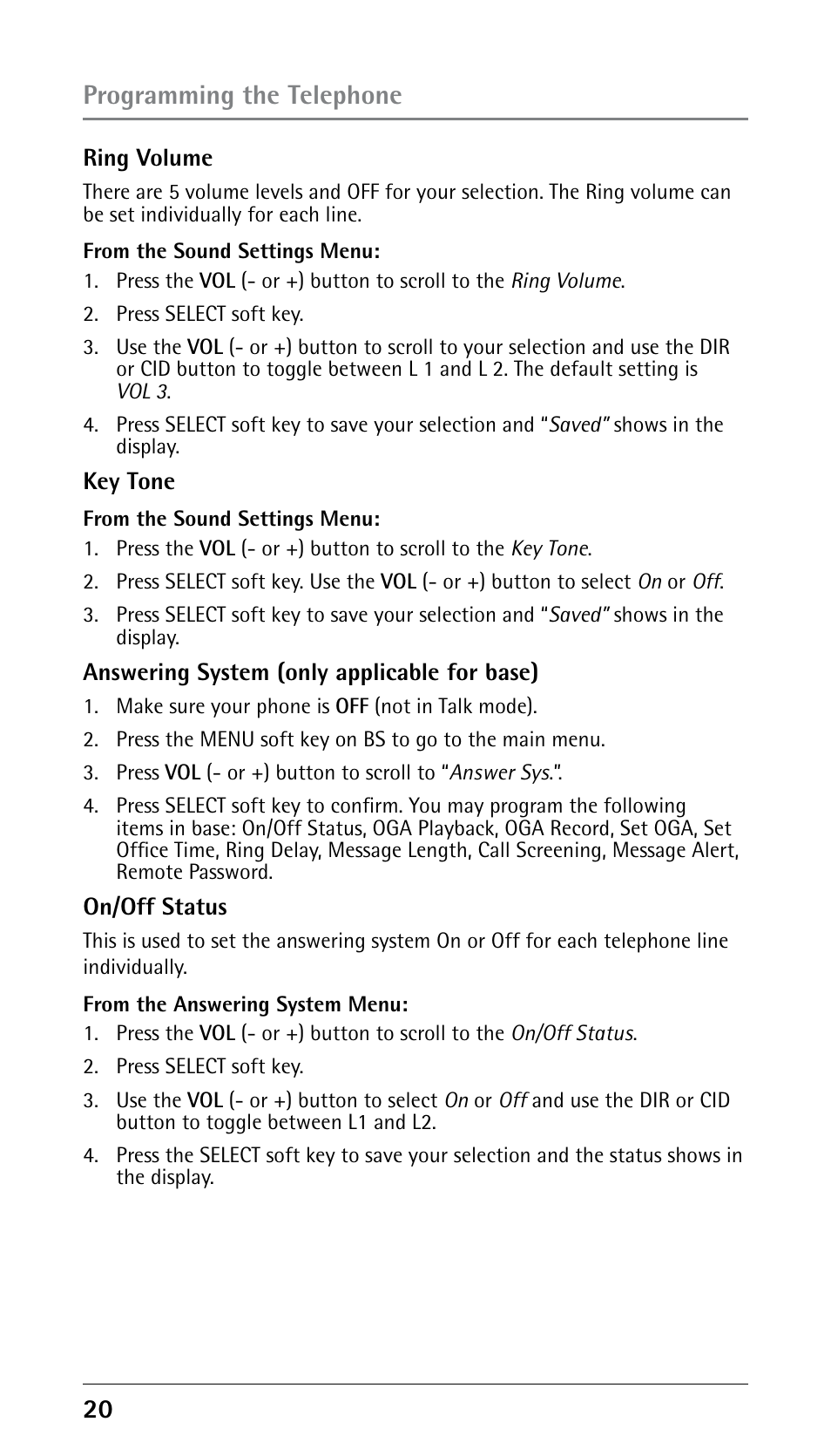 Programming the telephone | RCA 25250 User Manual | Page 20 / 100