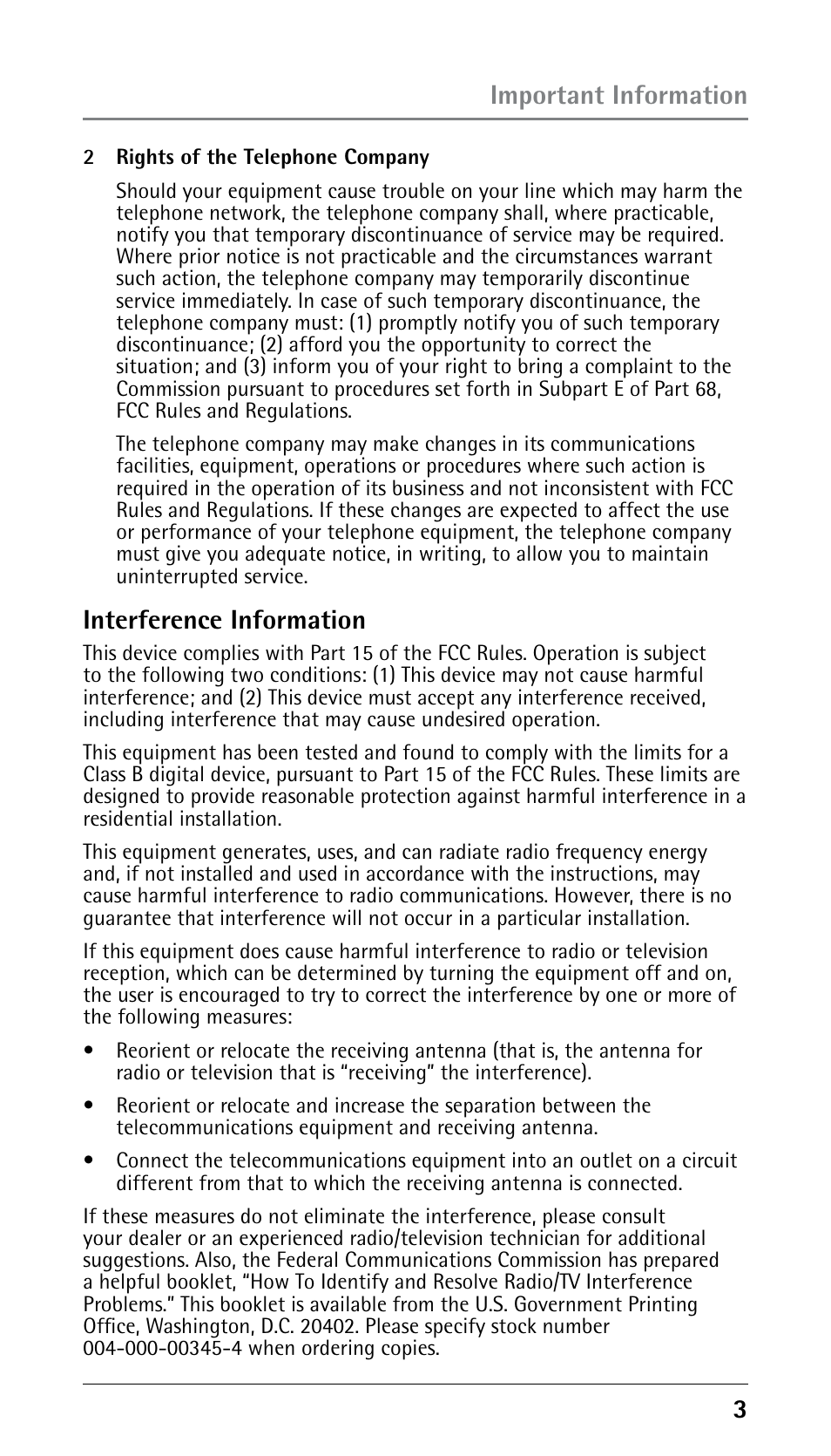 Important information, Interference information | RCA 25250 User Manual | Page 3 / 100