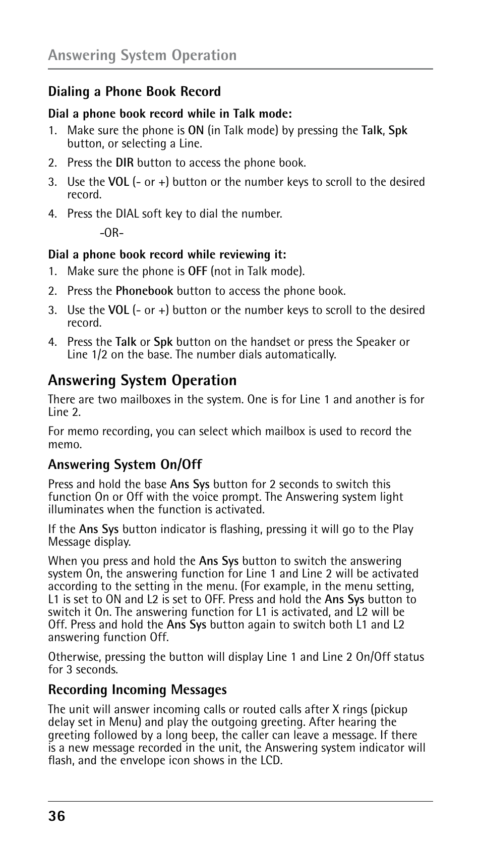 Answering system operation | RCA 25250 User Manual | Page 36 / 100