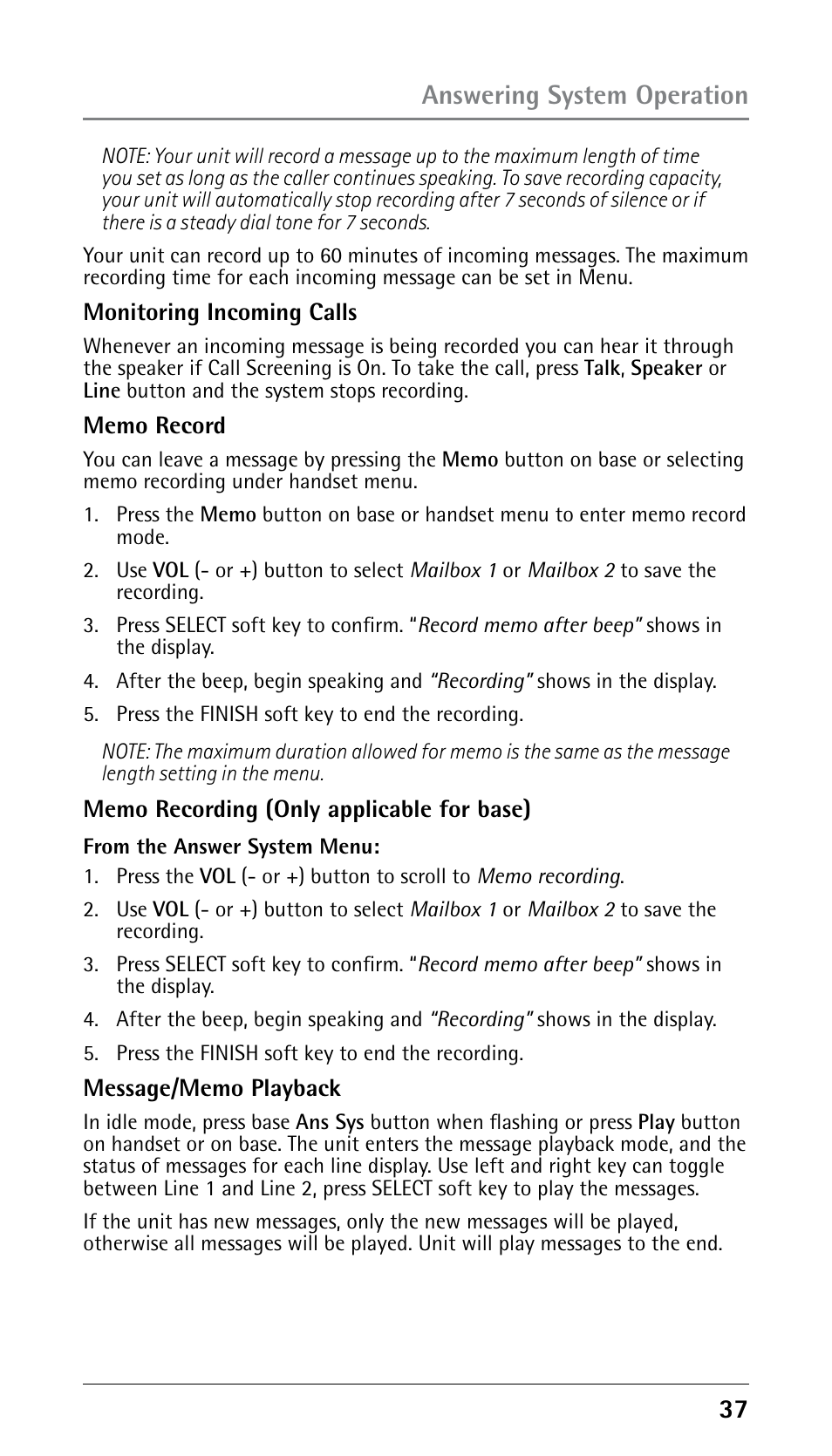 Answering system operation | RCA 25250 User Manual | Page 37 / 100
